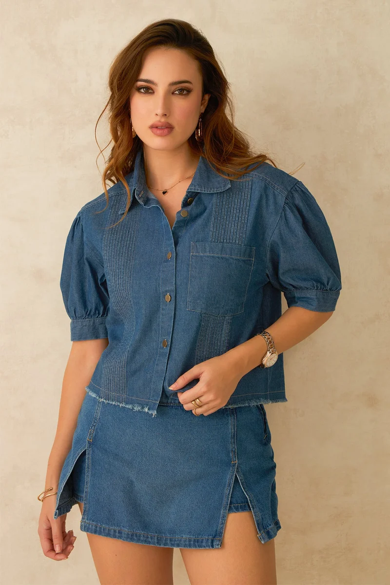 Virgio Cotton Denim Dinnerwear Pintuck Detail Crop Shirts for Women