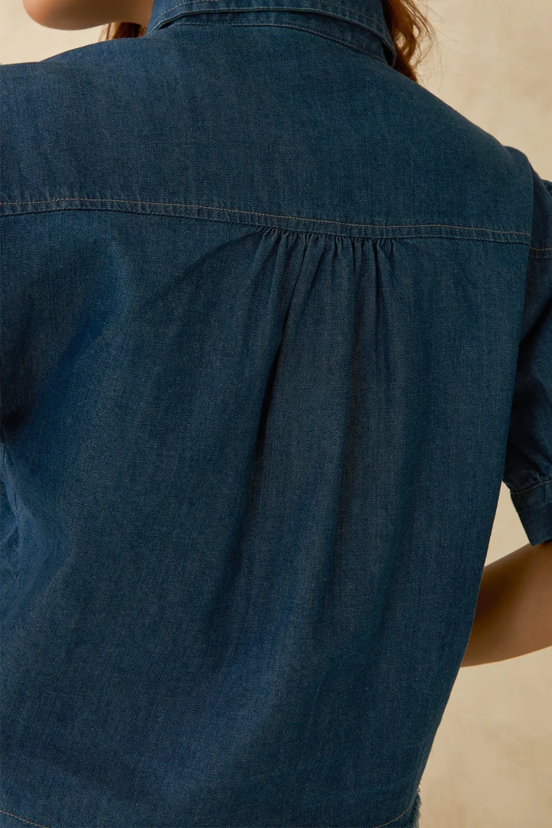 Virgio Cotton Denim Dinnerwear Pintuck Detail Crop Shirts for Women