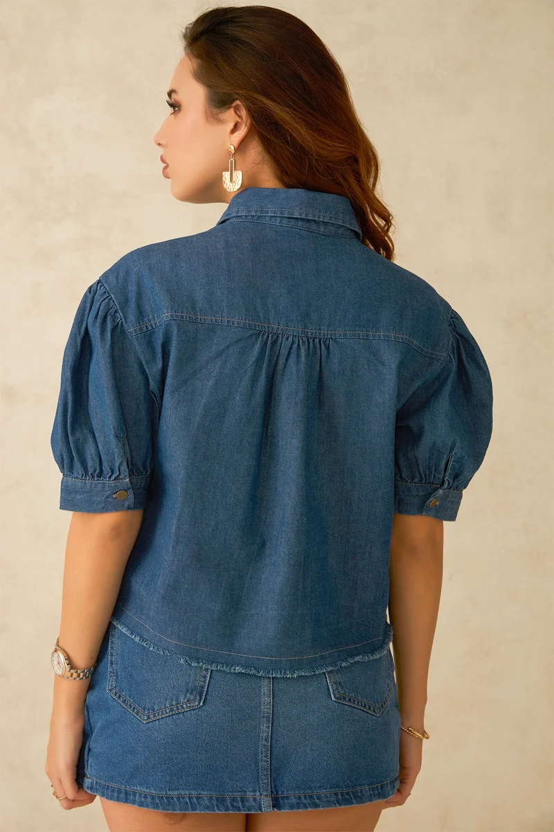 Virgio Cotton Denim Dinnerwear Pintuck Detail Crop Shirts for Women