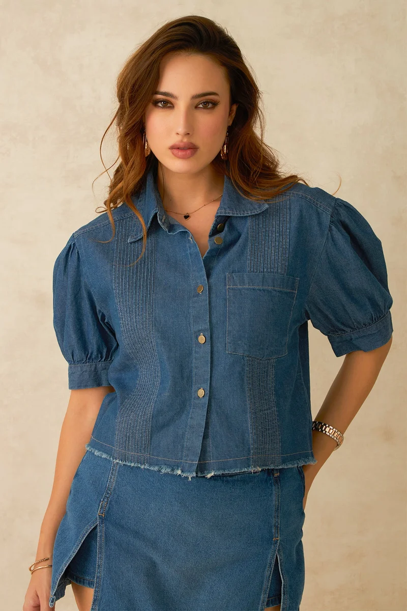 فيرجيو Cotton Denim Dinnerwear Pintuck Detail Crop Shirts for Women