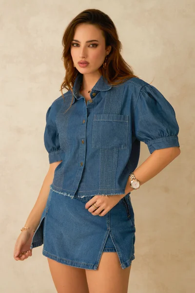 فيرجيو Cotton Denim Dinnerwear Pintuck Detail Crop Shirts for Women