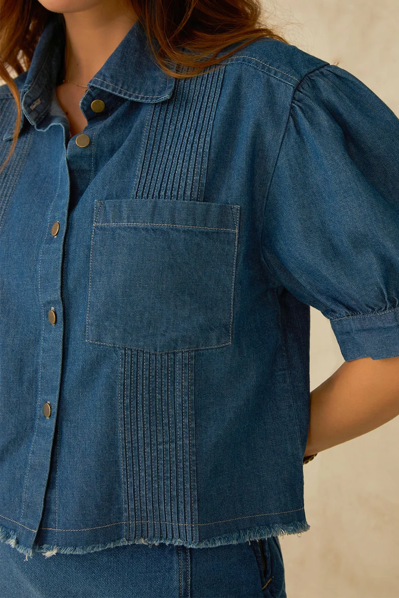 Virgio Cotton Denim Dinnerwear Pintuck Detail Crop Shirts for Women