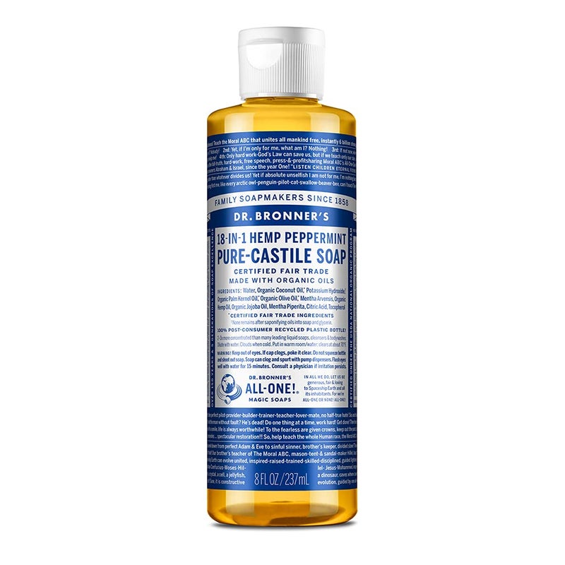 Dr. Bronner's Dr Bronners  PureCastile Liquid Soap Peppermint 8 ounce  Made with Organic Oils 18in1 Uses Face Body Hair Laundry Pets and Dishes Concentrated Vegan NonGMO