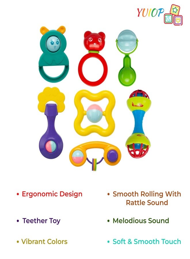 YUIOP - Rattle Set & Teether Toy - Ergonomic Grip - Melodious Sound - Smooth Rolling - Baby Toys - Attractive Colors - Baby Safe (7 Pcs (Combo 1)) - Image 3