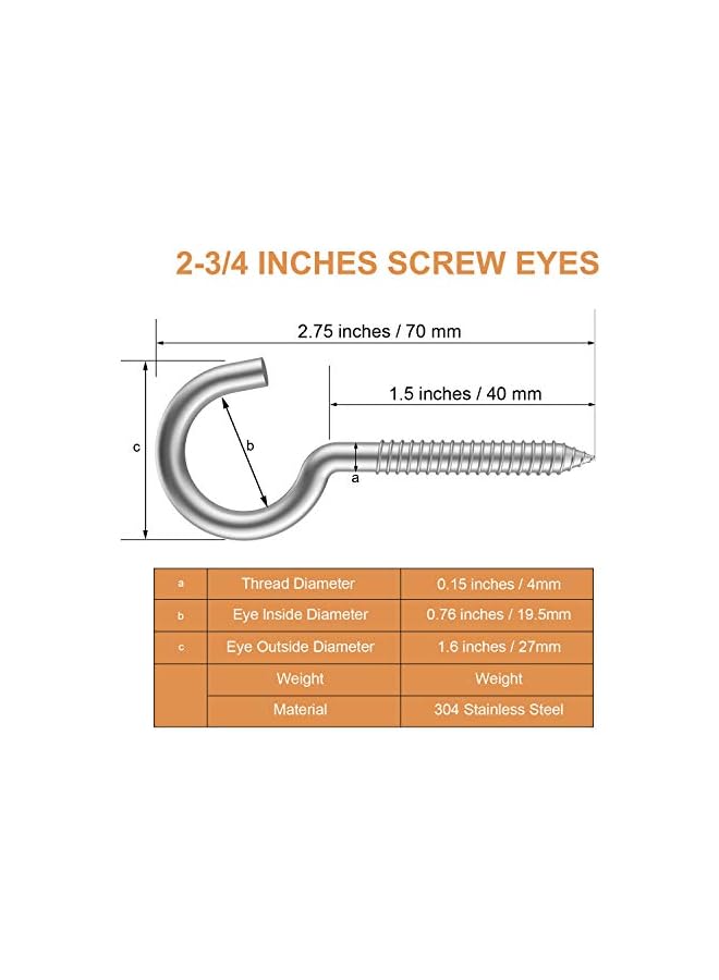 PROMASS promass 20 Pieces of 304 Stainless Steel Kits, Ceiling Cup Hook Screw Hooks, Ring Screws for Home, Office and Outdoor use, Lighting Hook Racks, self-Tapping Hooks, Hooks (2-3/4"X20PCS)  - Image 2