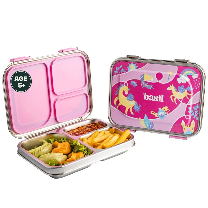 BASIL Bento Box – 900 ml 3-Compartment Stainless Steel Lunch Box for Kids | Leak-Proof Tiffin for School - Pink Unicorn | Pixie Dash - Image 1