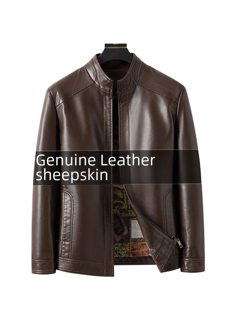 Generic - Autumn Winter Mens Genuine Leather Jacket Leather stand collar (velvet) Brown - Image 1