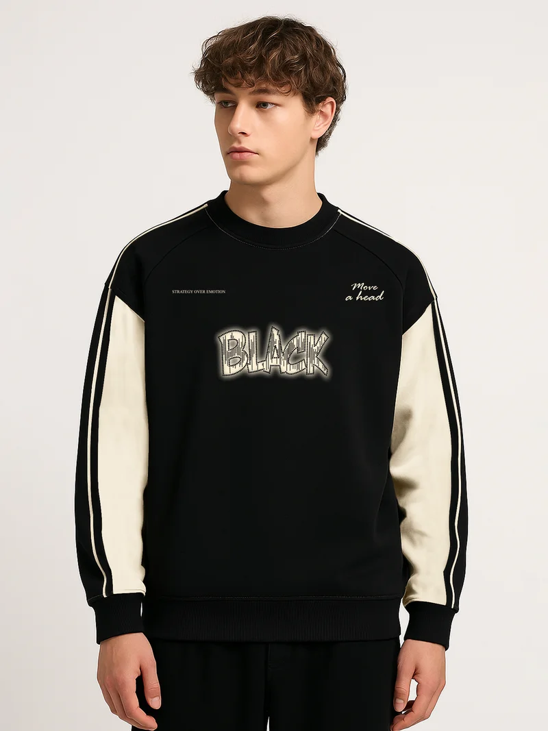 مانياك Maniac Men Printed Black Round Neck Full Sleeve Black & Cream Fleece Sweatshirt