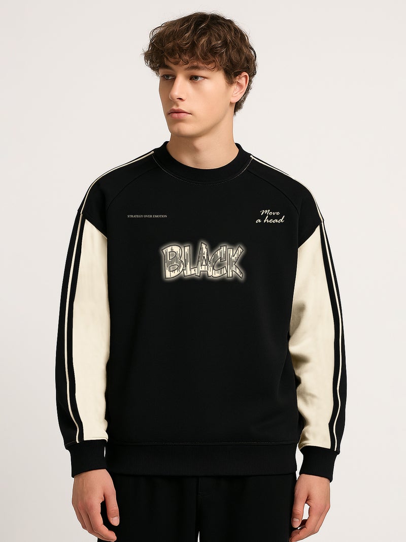 Maniac Men Printed Black Round Neck Full Sleeve Black & Cream Fleece Sweatshirt - Image 1
