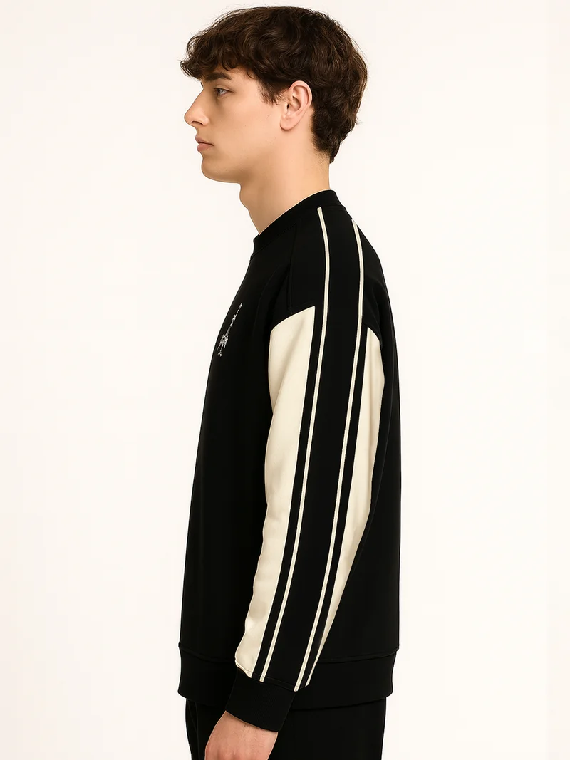 مانياك Maniac Men Printed Black Round Neck Full Sleeve Black & Cream Fleece Sweatshirt