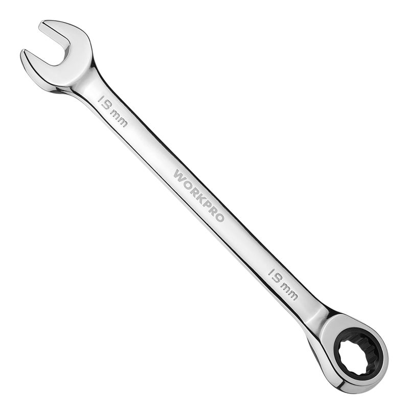 WORKPRO 19 mm Ratcheting Combination Wrench Metric, CR-V Constructed with Mirror Polish Chrome Plating, 12-Point Design, 15-Degree Offset - Image 1