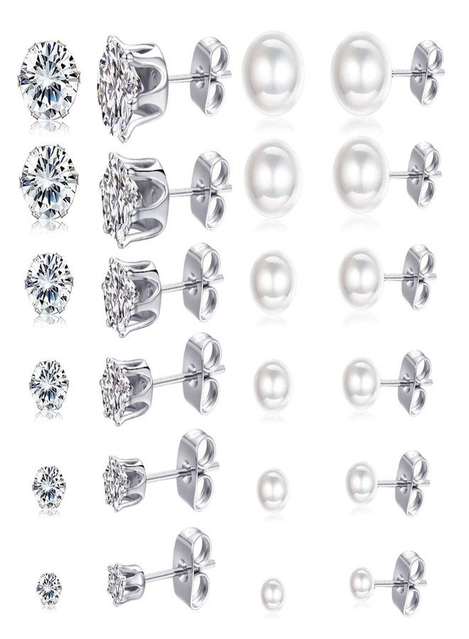 Spiritlele 12 Pairs 3-8mm Pearl Stud Earrings Set Assorted Cubic Zirconia Crystal Pierced Earrings for Women - Image 1