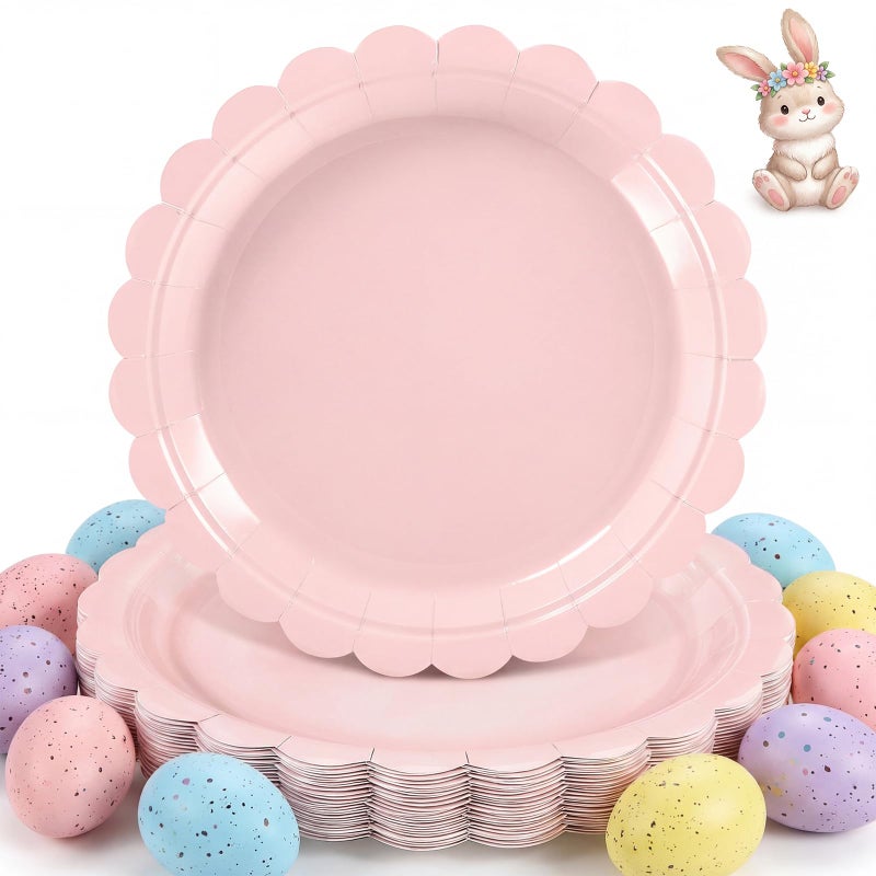 NatNarr 30 Pcs Pink Paper Plates 9 Inch Scalloped Pink Party Plates Cute Birthday Dessert Cake Plate for Easter, Baby Bridal Shower, Wedding, Mothers Day - Image 1