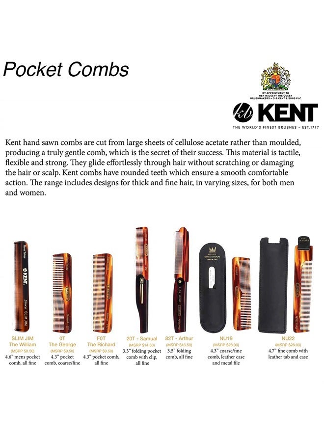KENT مشط لحية كينت A FOT مصنوع يدويًا بأسنان دقيقة - مشط جيب ومشط سفر - مشط تصفيف أو مشط مبلل للشعر الناعم أو المتساقط، للعناية باللحية والشعر لمجموعة كينت الأساسية للعناية باللحية