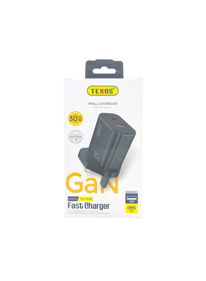 تيكسو TEXOS 30W GaN Dual Port Wall Charger USB-C PD and USB-A - TX-TC34 - Image 2