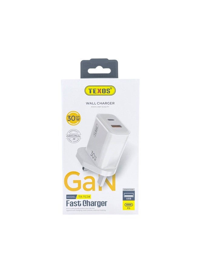 تيكسو TEXOS 30W GaN Dual Port Wall Charger USB-C PD and USB-A - TX-TC34 - Image 1