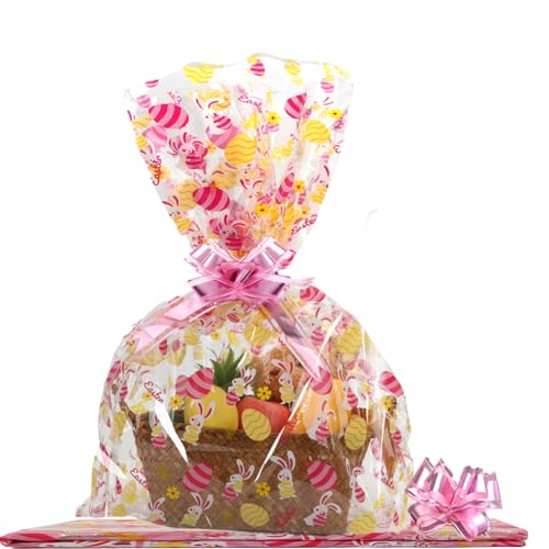 SUREHOME Cellophane Bags for Gift Baskets 24 x 30 Inch Large Clear Gift Bags for Easter Baskets Wrap, Set Of 10 Plastic Cello Bunny Treat Bag with Pull Bow Ribbon for Large Easter Basket - Image 1