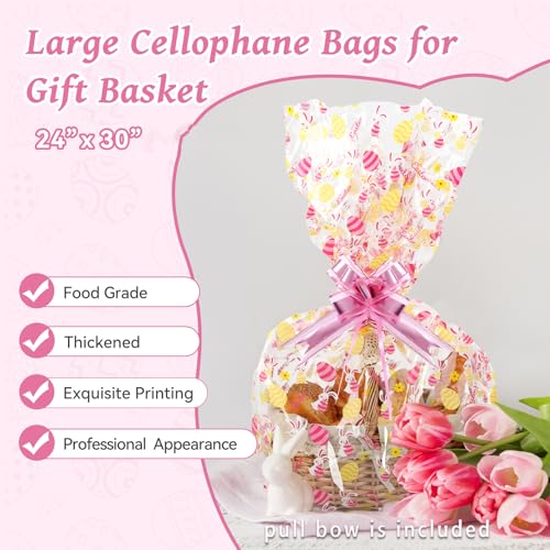 SUREHOME Cellophane Bags for Gift Baskets 24 x 30 Inch Large Clear Gift Bags for Easter Baskets Wrap, Set Of 10 Plastic Cello Bunny Treat Bag with Pull Bow Ribbon for Large Easter Basket - Image 2