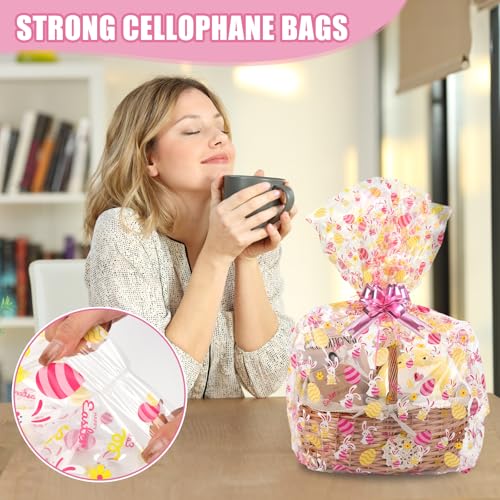 SUREHOME Cellophane Bags for Gift Baskets 24 x 30 Inch Large Clear Gift Bags for Easter Baskets Wrap, Set Of 10 Plastic Cello Bunny Treat Bag with Pull Bow Ribbon for Large Easter Basket - Image 4