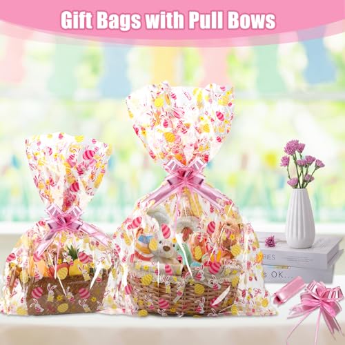 SUREHOME Cellophane Bags for Gift Baskets 24 x 30 Inch Large Clear Gift Bags for Easter Baskets Wrap, Set Of 10 Plastic Cello Bunny Treat Bag with Pull Bow Ribbon for Large Easter Basket - Image 5
