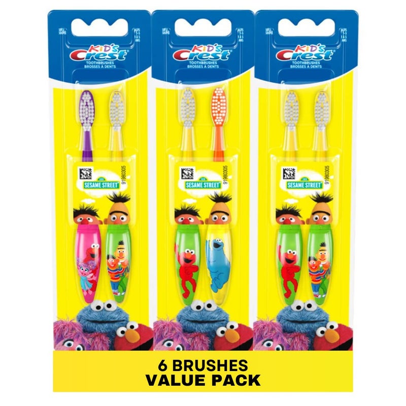 Crest Oral-B Kids Soft Toothbrush featuring Sesame Street, (Three 2 Packs) for Ages 2+ (Characters May Vary)