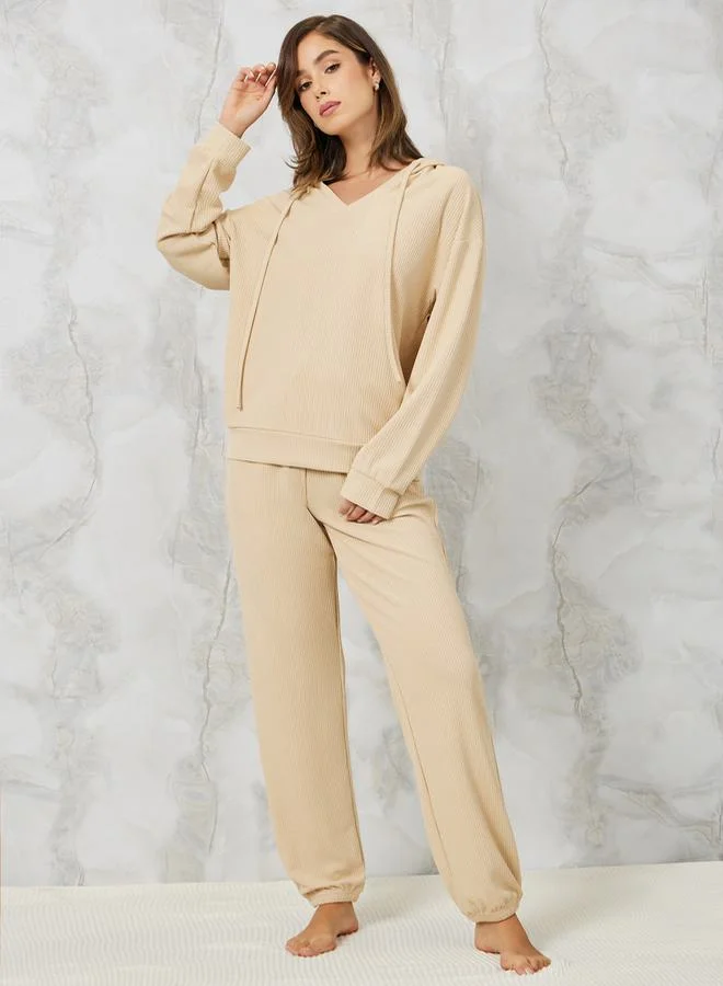 Styli V Neck Rib Hoodie & Jogger Lounge Set