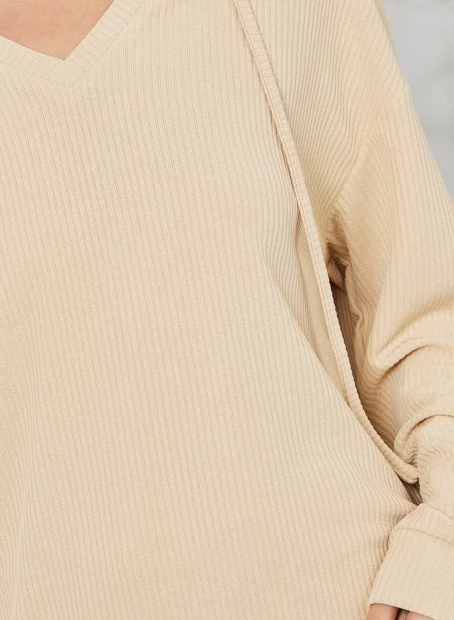 Styli V Neck Rib Hoodie & Jogger Lounge Set