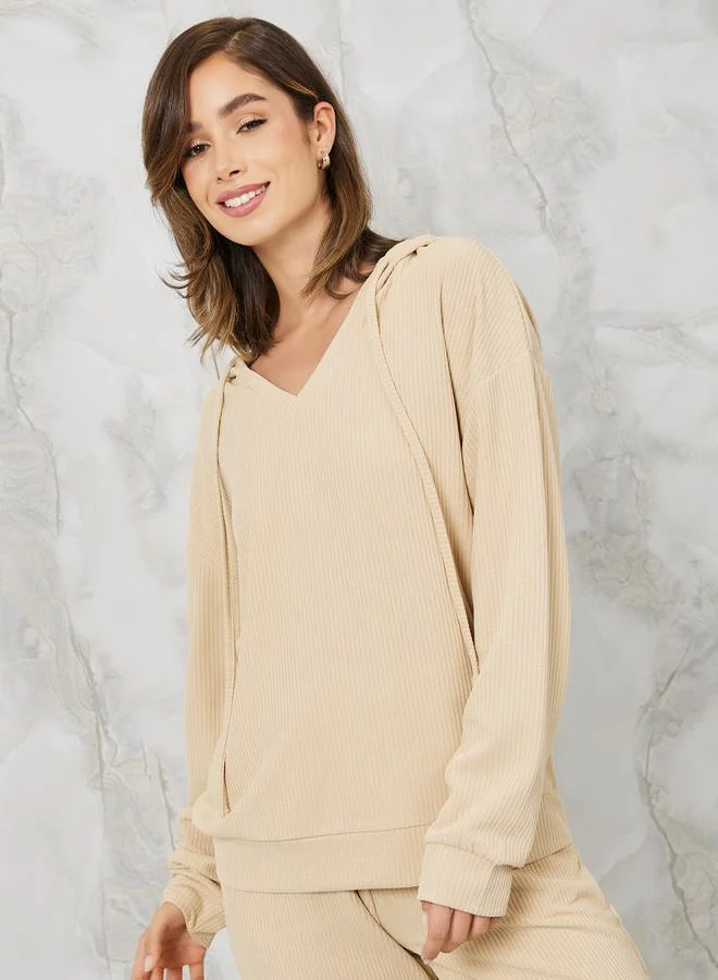 Styli V Neck Rib Hoodie & Jogger Lounge Set