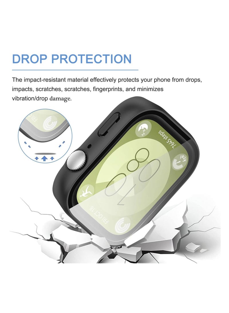 SOLARAE PC Case Compatible for HUAWEI WATCH FIT 3, 2 Pack With Tempered Glass Screen Protector, Full Coverage Hard PC Shockproof Protective Cover, Full Protection, Anti-Scratch, Black+Transparent - Image 3