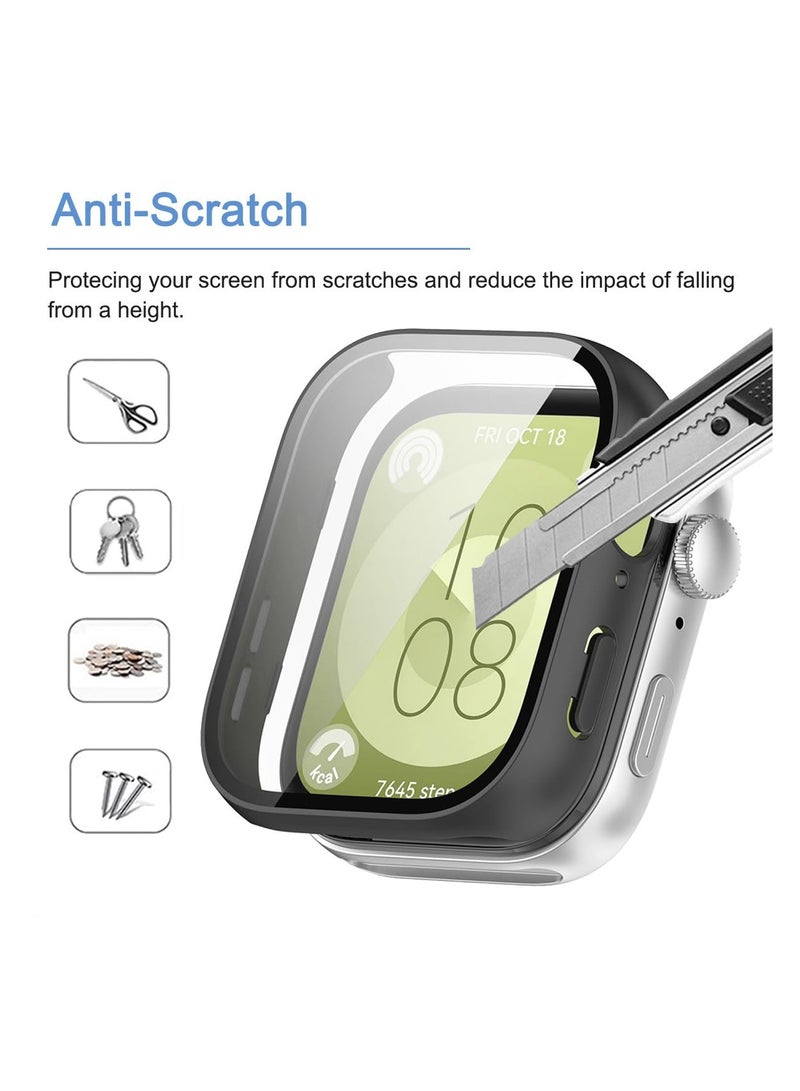 SOLARAE PC Case Compatible for HUAWEI WATCH FIT 3, 2 Pack With Tempered Glass Screen Protector, Full Coverage Hard PC Shockproof Protective Cover, Full Protection, Anti-Scratch, Black+Transparent - Image 5