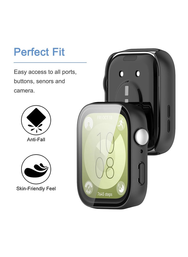 SOLARAE PC Case Compatible for HUAWEI WATCH FIT 3, 2 Pack With Tempered Glass Screen Protector, Full Coverage Hard PC Shockproof Protective Cover, Full Protection, Anti-Scratch, Black+Transparent - Image 4