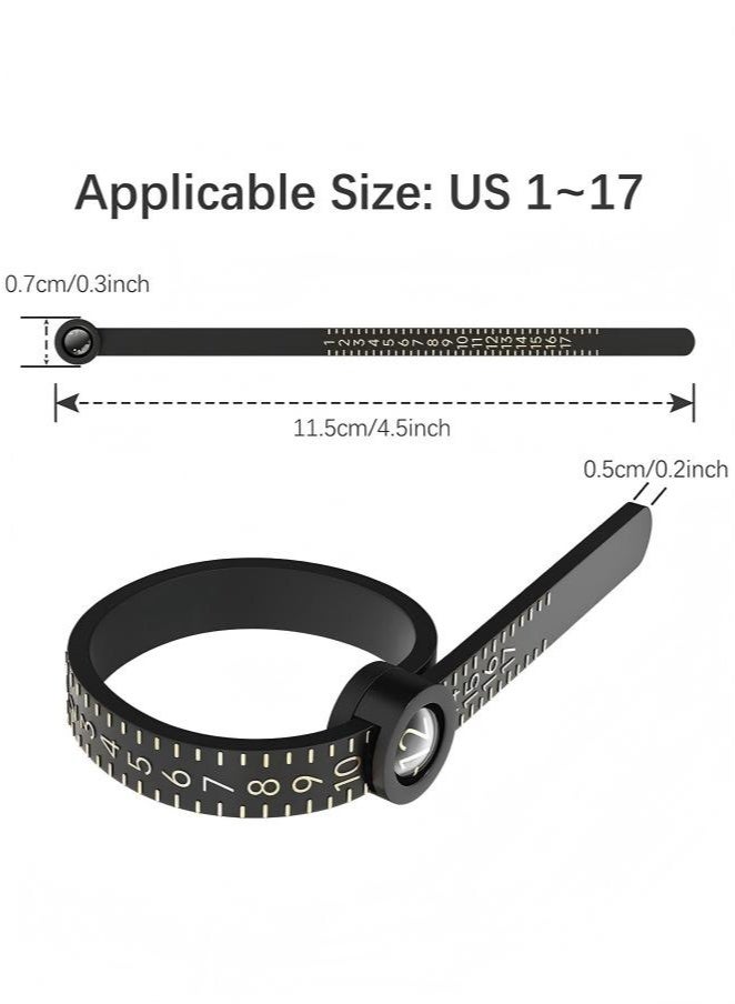 2Pcs Ring Sizer Measuring Tool，Ring Sizer Measuring Tool with Magnifying Glass,Reusable Finger Size Tape with Magnified Glass, Clear and Accurate Jewelry Sizing Tool 1-17 USA Rings(Black/White) - Image 2