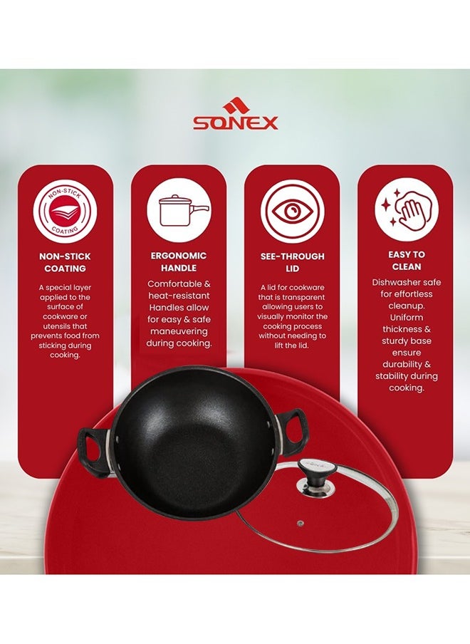 SONEX Sonex Cooking Wok With Glass Lid 30 cm & 4 Ltr Capacity, Teflon Non-Stick Coating, PFOA Free & Bakelite Heat Resistant Handle, Durable, Long Lasting Construction, Even Heating, Easy to Clean  - Image 5