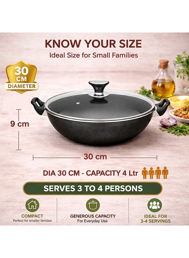 سونكس مقلاة طهي سونيكس مع غطاء زجاجي 30 سم وسعة 4 لتر، طلاء تيفلون غير لاصق، خالية من مادة PFOA ومقبض مقاوم للحرارة من الباكليت، هيكل متين يدوم طويلاً، تسخين متساوي، سهل التنظيف - Image 2