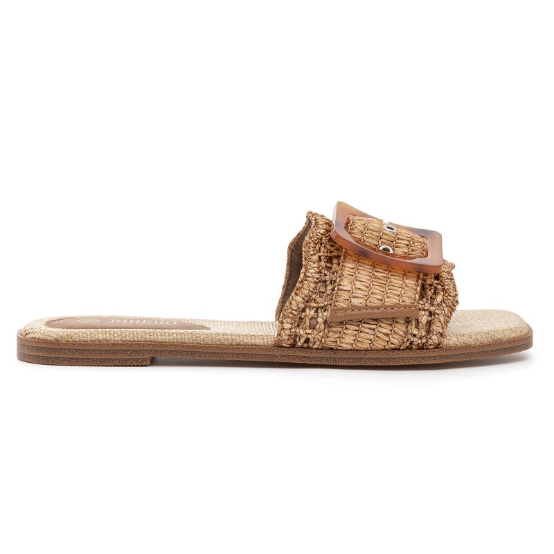 Rihero Women's Flat Sandals Raffia Slip On Beach Slide Sandals Open Toe Comfortable Dressy Buckle Woven Brown Slides Brown Size 9.5 - Image 3