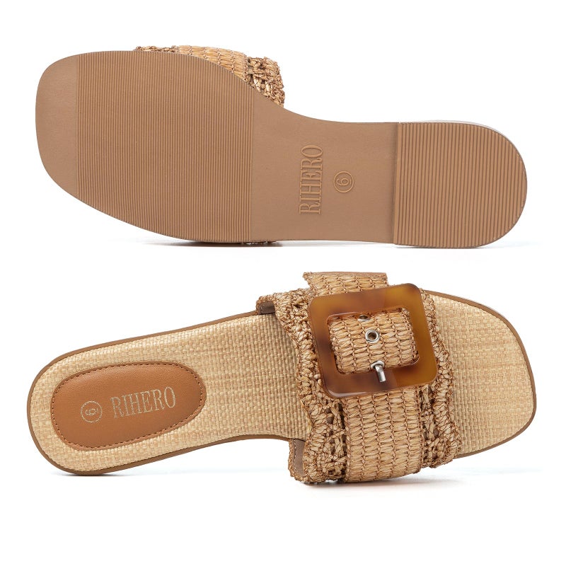 Rihero Women's Flat Sandals Raffia Slip On Beach Slide Sandals Open Toe Comfortable Dressy Buckle Woven Brown Slides Brown Size 9.5 - Image 5