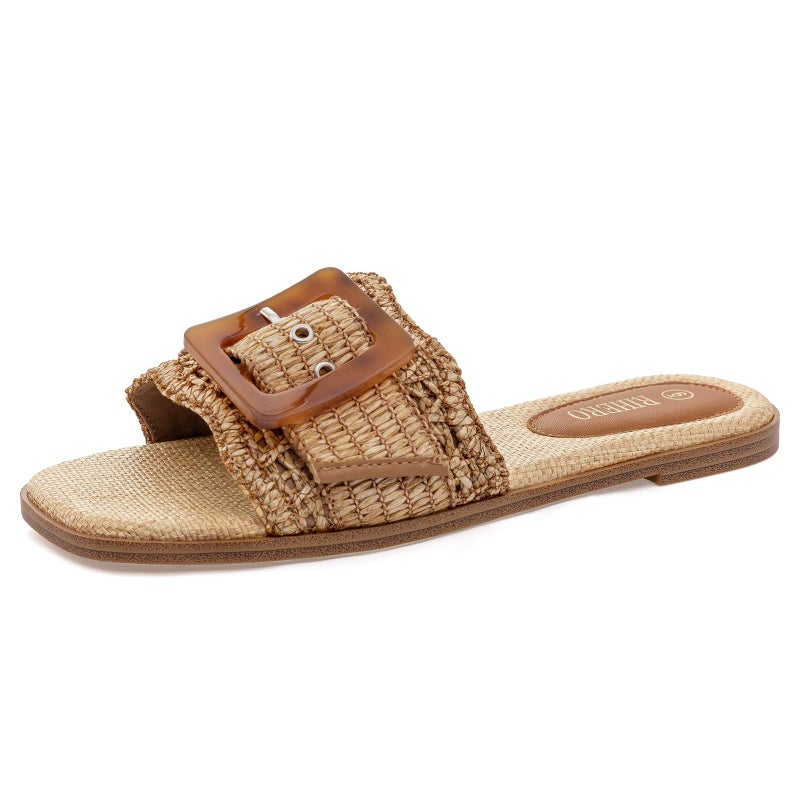 Rihero Women's Flat Sandals Raffia Slip On Beach Slide Sandals Open Toe Comfortable Dressy Buckle Woven Brown Slides Brown Size 9.5 - Image 1