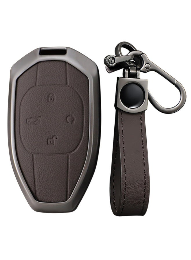 NOSKIN Leather Metal Car Key Fob Cover Fit for Trumpchi GAC 2021 Empow J11 J12 GS8 GM6 Key Protective Cover Keychain Key Holder Key Cover 4 Button (Brown) - Image 1
