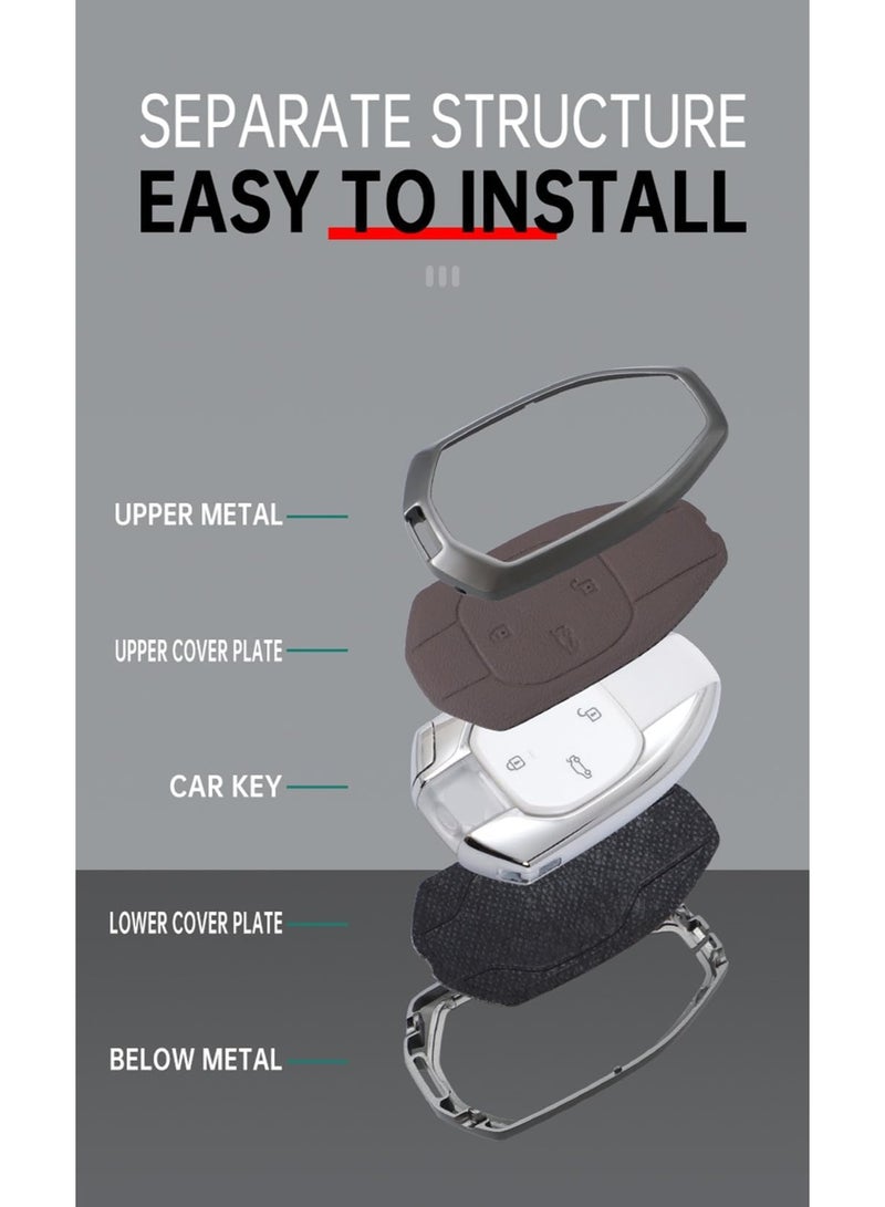 NOSKIN Leather Metal Car Key Fob Cover Fit for Trumpchi GAC 2021 Empow J11 J12 GS8 GM6 Key Protective Cover Keychain Key Holder Key Cover 4 Button (Brown) - Image 3