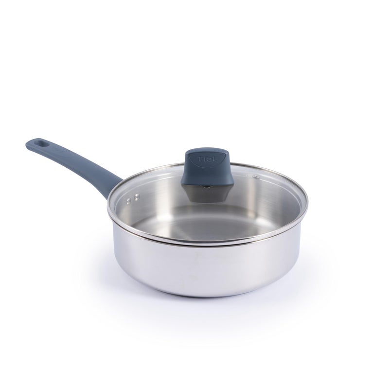 Tfal Essentials Stainless Steel Saute Pan with Lid 35 Quart Induction Compatible Oven Safe 350F Perfect For Sauting Browning Simmering Saucepan Measuring Marks Dishwasher Safe SilverBlue