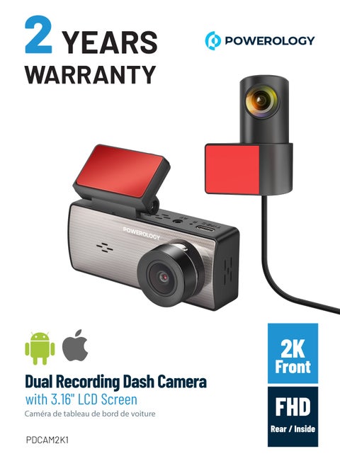 Dash Camera with 3.16" LCD Screen and Dual Recording / Parking Monitor / Loop Recording / 150° 4-Lane View /Speaker / 2k Front Camera / FHD Rear or Inside Camera - Black