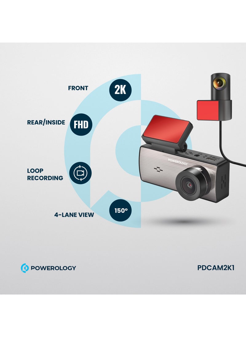 Dash Camera with 3.16" LCD Screen and Dual Recording / Parking Monitor / Loop Recording / 150° 4-Lane View /Speaker / 2k Front Camera / FHD Rear or Inside Camera - Black