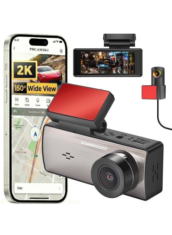 باورولوجي كاميرا لوحة القيادة مع شاشة LCD مقاس 3.16 بوصة وتسجيل مزدوج / مراقبة ركن السيارة / تسجيل حلقي / رؤية بزاوية 150 درجة في 4 حارات / كشف التصادم / ميكروفون ومكبر صوت / كاميرا أمامية بدقة 2K / كاميرا خلفية أو داخلية بدقة FHD - أسود - Image 1