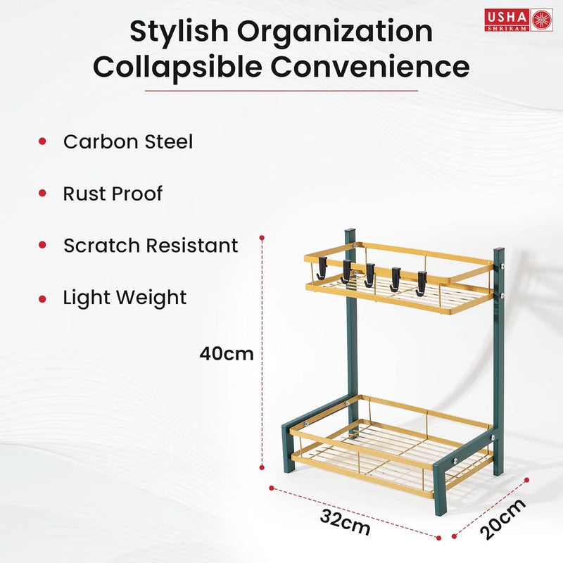 USHA SHRIRAM 2 Layer Carbon Steel Oil Bottle Holder For Kitchen 360 Rotation Wine Whiskey Bottle Holder Shelf For Living Room Storage Rack For Kitchen Organiser Green Gold - Image 2