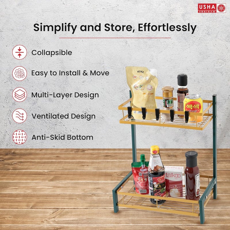 USHA SHRIRAM 2 Layer Carbon Steel Oil Bottle Holder For Kitchen 360 Rotation Wine Whiskey Bottle Holder Shelf For Living Room Storage Rack For Kitchen Organiser Green Gold - Image 3
