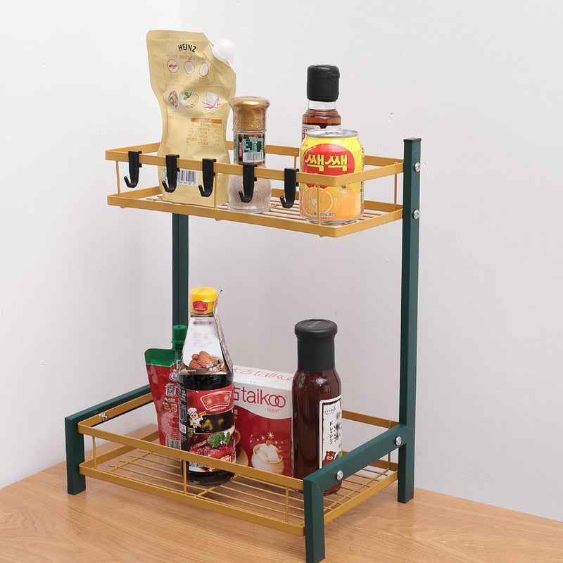 USHA SHRIRAM 2 Layer Carbon Steel Oil Bottle Holder For Kitchen 360 Rotation Wine Whiskey Bottle Holder Shelf For Living Room Storage Rack For Kitchen Organiser Green Gold - Image 1