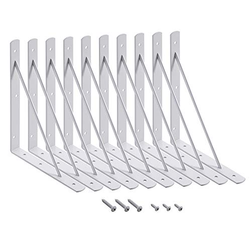 HOME MASTER HARDWARE 10 x 8 inch Metal Shelf Brackets, 90° Triangle L-Bracket, Wall Mount Supports for Floating Shelves w/ Screws, White 10-Pack - Image 1
