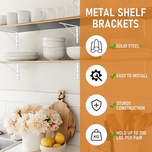 HOME MASTER HARDWARE 10 x 8 inch Metal Shelf Brackets, 90° Triangle L-Bracket, Wall Mount Supports for Floating Shelves w/ Screws, White 10-Pack - Image 2
