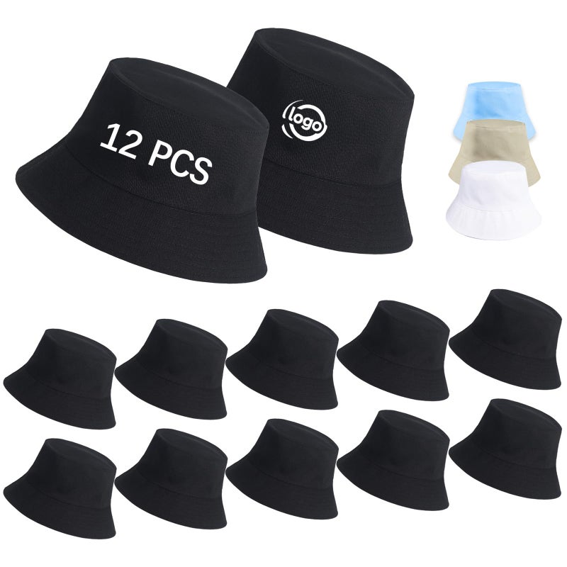 DASSNANE Sublimation Bucket Hat Bulk for Women Men Summer Travel Beach Sun Hat Cap Unisex Custom Made Blank Hats DIY, 12pcs Black Bucket Hat, L - Image 1
