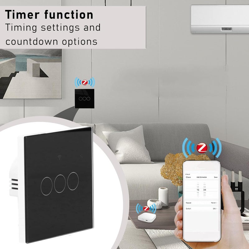 مفتاح إضاءة Zigbee ثلاثي الوحدات، زجاج مقسّى مقاوم للخدش، جهد واسع 100-240 فولت 50/60 هرتز - تحكم صوتي ذكي، وظيفة مؤقت التطبيق، مثالي لأتمتة المنزل (أسود) - Image 4